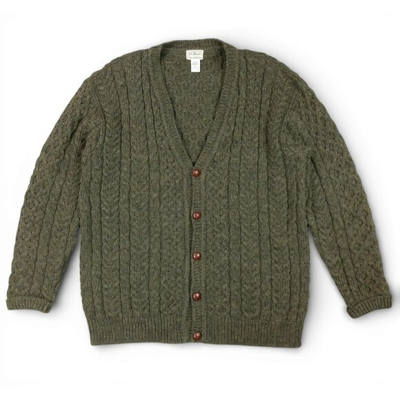 LL Bean Aran Wool Cardigan Sweater Mens L Cable Knit Fisherman Made in Ireland